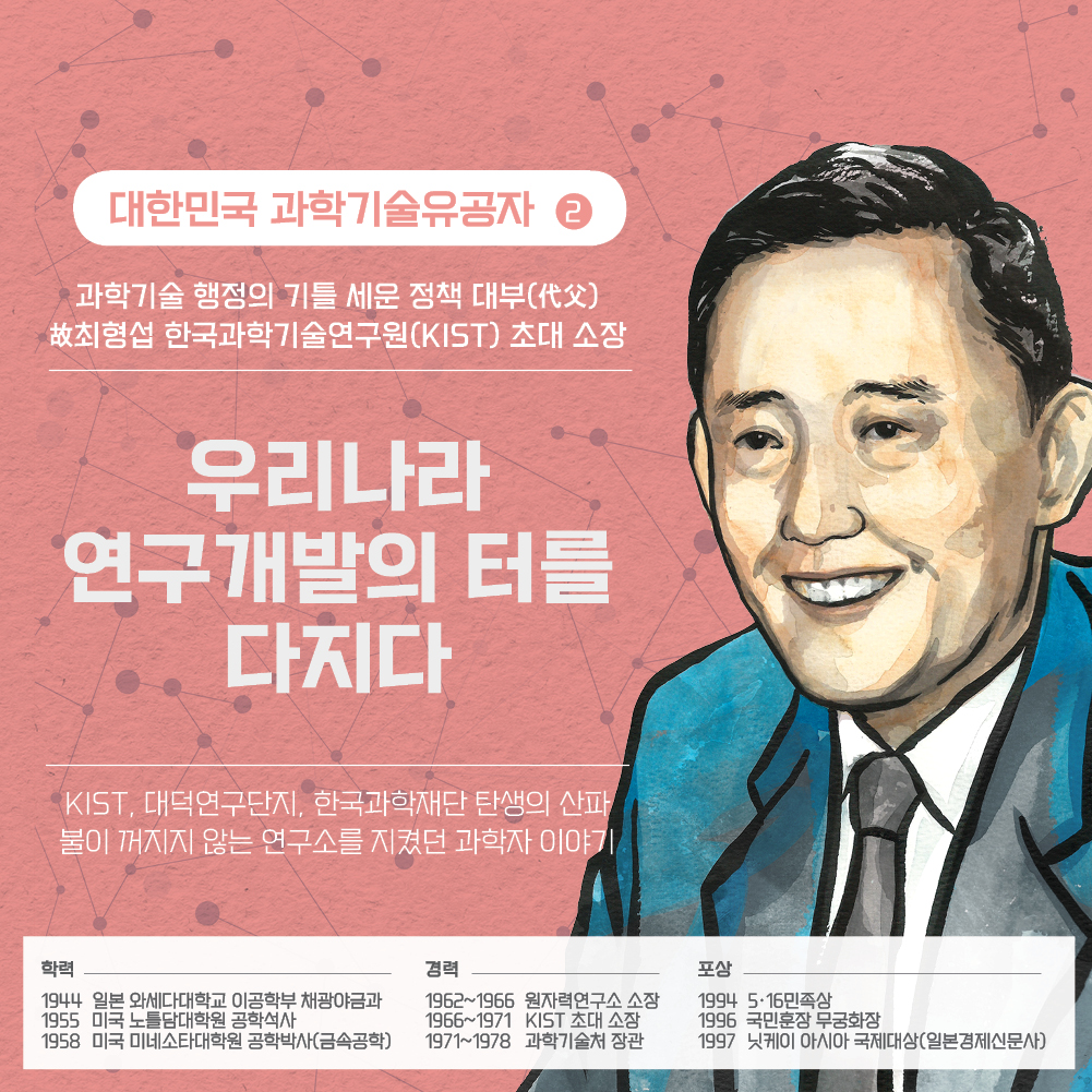 대한민국 과학기술유공자 2 - 과학기술 행정의 기틀 세운 정책 대부(代父) 故최형섭 한국과학기술연구원(KIST) 초대 소장 우리나라 연구개발의 터를 다지다 KIST, 대덕연구단지, 한국과학재단 탄생의 산파 불이 꺼지지 않는 연구소를 지켰던 과학자 이야기 학력-1944 일본 와세다대학교 이공학부 채광야금과, 1955 미국 노틀담대학원 공학석사, 1958 미국 미네소타대학원 공학박사(금속공학), 경력-1962~1966 원자력연구소 소장, 1966~1971 KIST 초대 소장, 1971~1978 과학기술처 장관, 포상-1944 5.16민족상, 1996 국민훈장 무궁화장, 1997 닛케이 아시아 국제대상(일본경제신문사)