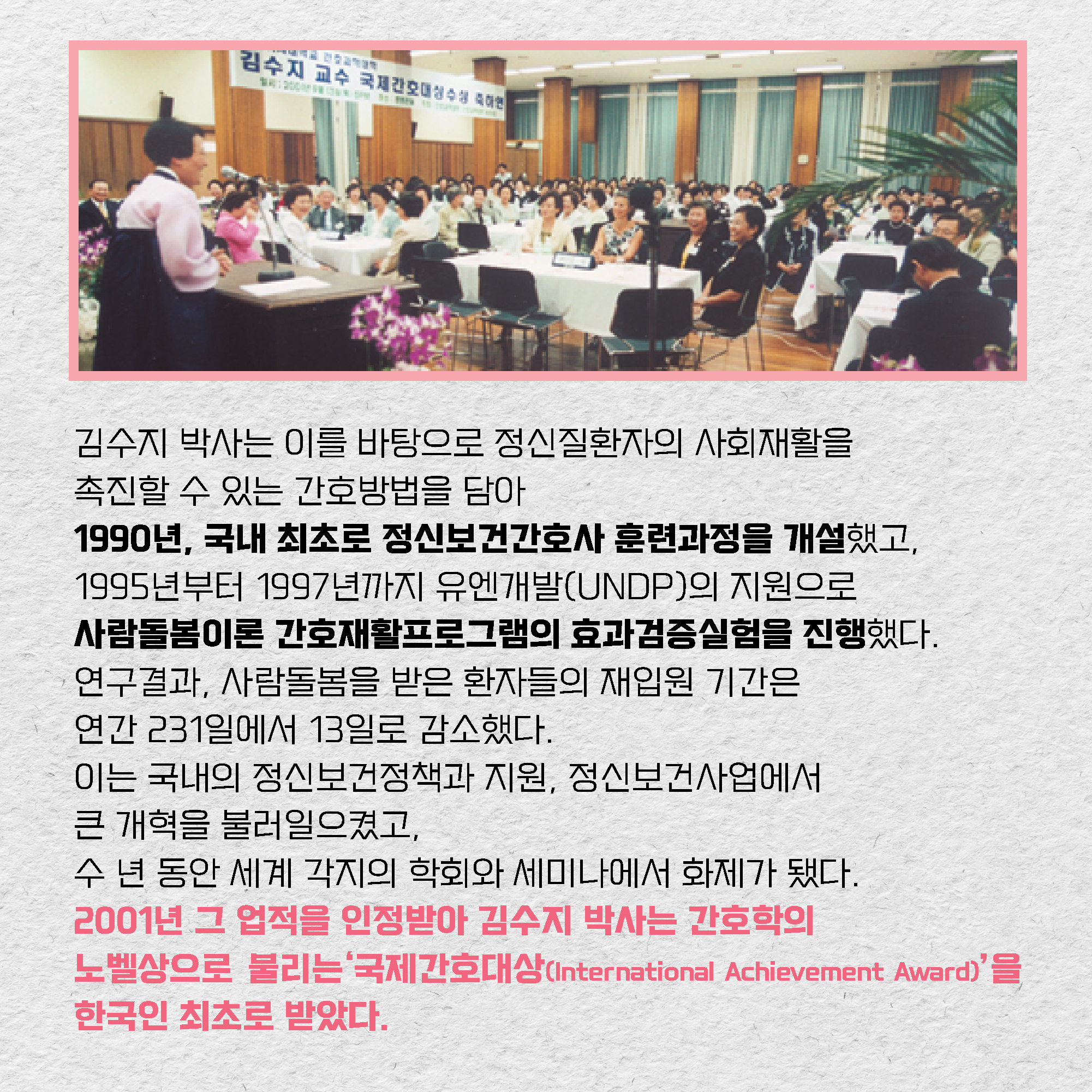 김수지 박사는 이를 바탕으로 정신질환자의 사회재활을 촉진할 수 있는 간호방법을 담아 1990년, 국내 최초로 정신보건간호사 훈련과정을 개설했고, 1995년부터 1997년까지 유엔개발(UNDP)의 지원으로 사람돌봄이론 간호재활프로그램의 효과검증실험을 진행했다. 연구결과, 사람돌봄을 받은 환자들의 재입원 기간은 연간 231일에서 13일로 감소했다. 이는 국내의 정신보건정책과 지원, 정신보건사업에서 큰 개혁을 불러일으켰고, 수 년 동안 세계 각지의 학회와 세미나에서 화제가 됐다. 2001년 그 업적을 인정받아 김수지 박사는 간호학의 노벨상으로 불리는 국제간호대상(International Achievement Award)을 한국인 최초로 받았다.