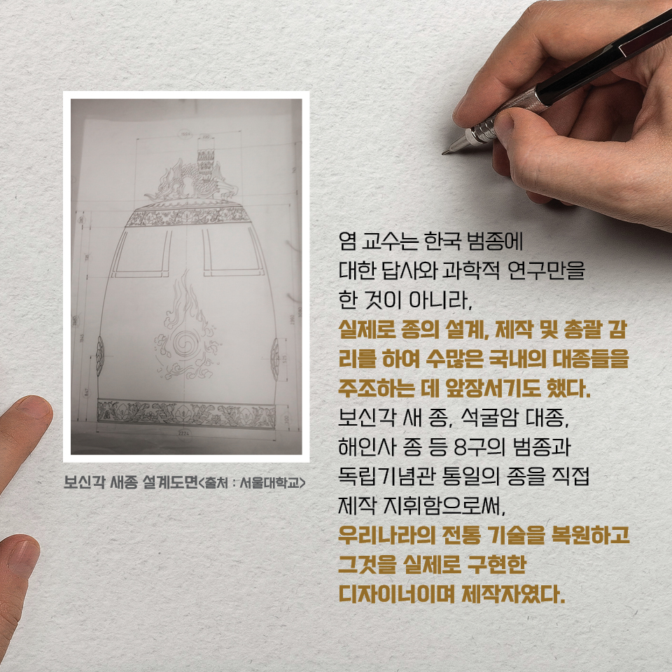 염 교수는 한국 범종에 대한 답사와 과학적 연구만을 한 것이 아니라, 실제로 종의 설계, 제작 및 총괄 감리를 하여 수많은 국내의 대종들을 주조하는 데 앞장서기도 했다. 보신각 새 종, 석굴암 대종, 해인사 종 등 8구의 범종과 독립기념관 통일의 종을 직접 제작 지휘함으로써, 우리나라의 전통 기술을 복원하고 그것을 실제로 구현한 디자이너이며 제작자였다.