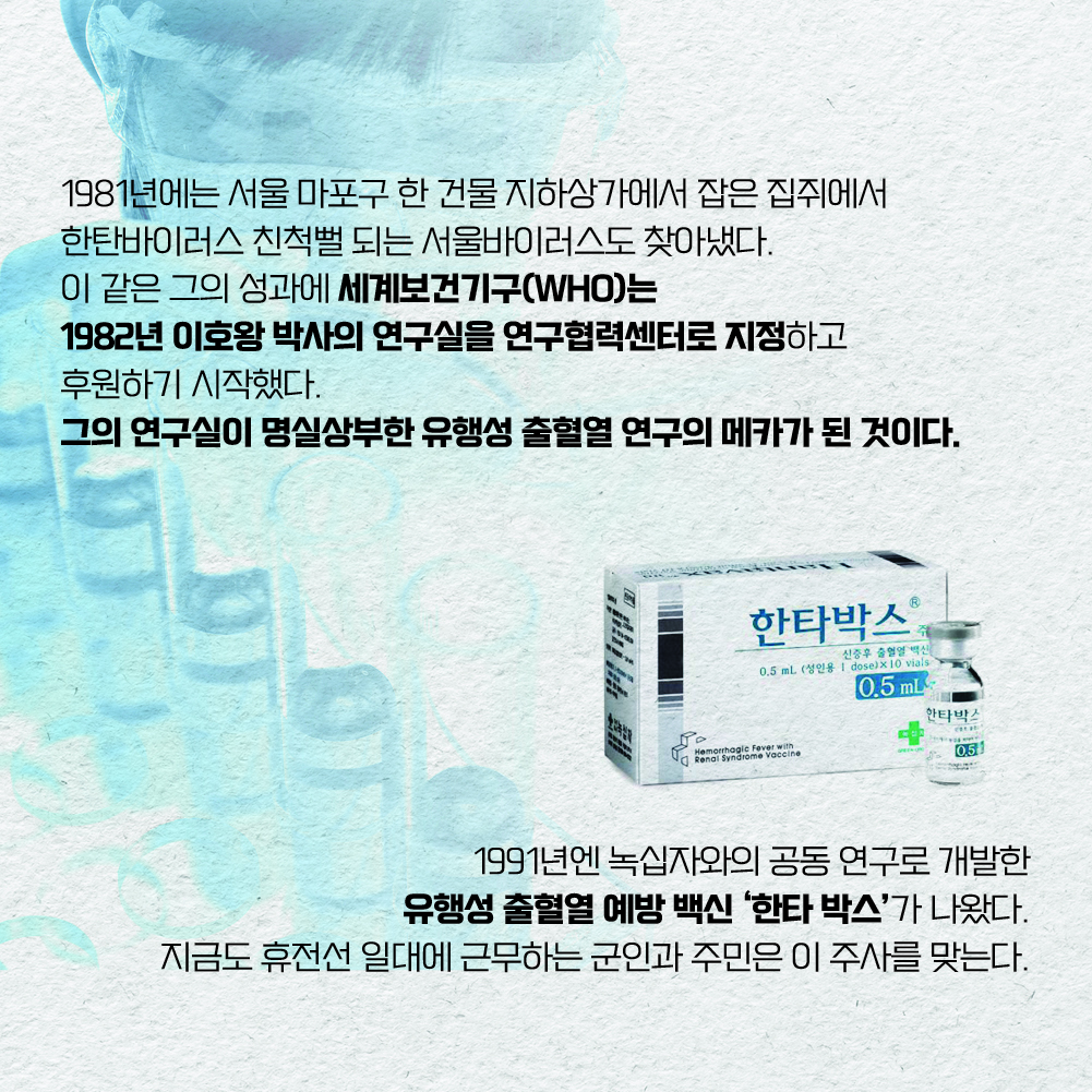 1981년에는 서울 마포구 한 건물 지하상가에서 잡은 집쥐에서 한탄바이러스 친척뻘 되는 서울바이러스도 찾아냈다. 이 같은 그의 성과에 세계보건기구(WHO)는 1982년 이호왕 박사의 연구실을 연구협력센터로 지정하고 후원하기 시작했다. 그의 연구실이 명실상부한 유행성 출혈열 연구의 메카가 된 것이다. 1991년엔 녹십자와의 공동 연구로 개발한 유행성 출혈열 예방 백신 ‘한타 박스’가 나왔다. 지금도 휴전선 일대에 근무하는 군인과 주민은 이 주사를 맞는다.