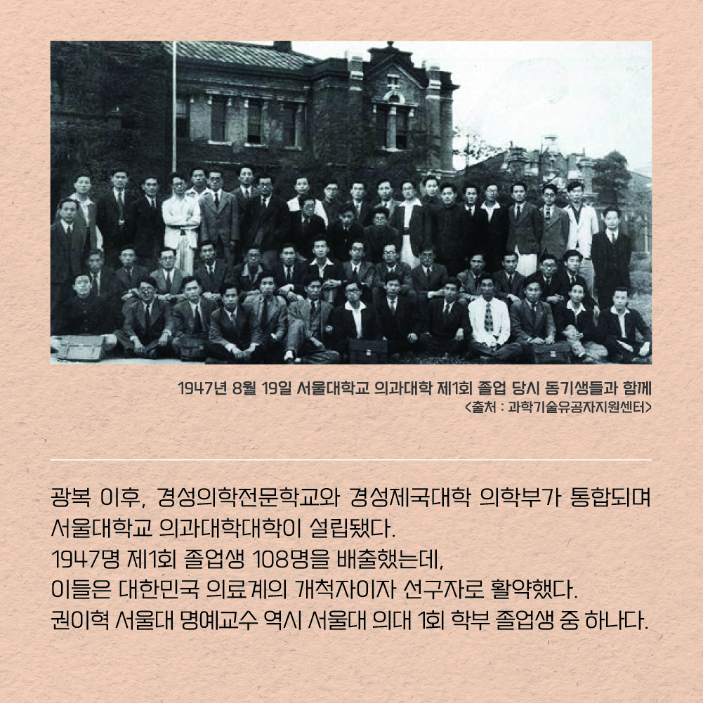 광복 이후, 경성의학전문학교와 경성제국대학 의학부가 통합되며 서울대학교 의과대학대학이 설립됐다. 1947명 제1회 졸업생 108명을 배출했는데, 이들은 대한민국 의료계의 개척자이자 선구자로 활약했다. 
권이혁 서울대 명예교수 역시 서울대 의대 1회 학부 졸업생 중 하나다.