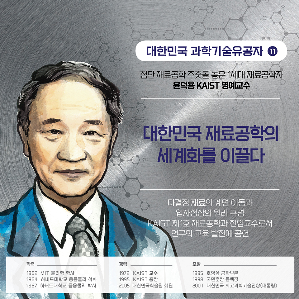 첨단 재료공학 주춧돌 놓은 1세대 재료공학자 윤덕용 KAIST 명예교수 대한민국 재료공학의 세계화를 이끌다. 다결정 재료의 계면 이동과 입자성장의 원리 규명 
KAIST 제1호 재료공학과 전임교수로서 연구와 교육 발전에 공헌