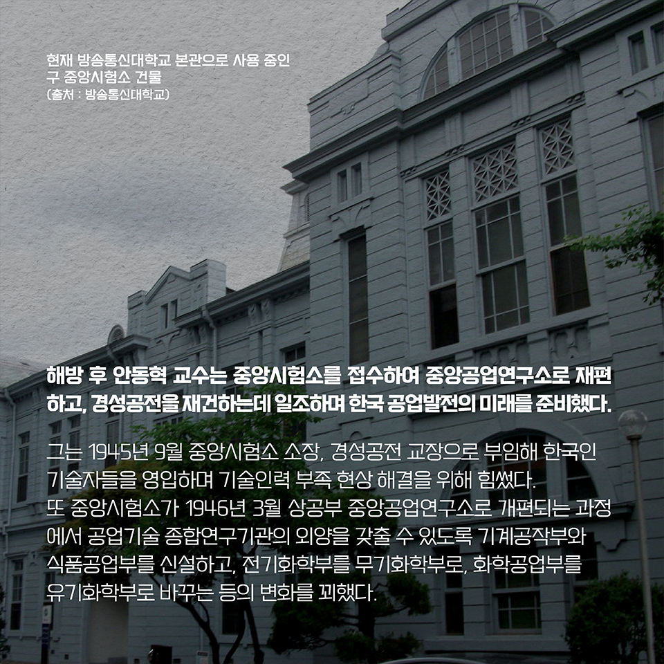 해방 후 안동혁 교수는 중앙시험소를 접수하여 중앙공업연구소로 재편하고,경성공전을 재건하는데 일조하며 한국 공업발전의 미래를 준비했다. 그는 1945년 9월 중앙시험소 소장, 경성공전 교장으로 부임해 한국인 기술자들을 영입하며 기술인력 부족 현상 해결을 위해 힘썼다. 
또 중앙시험소가 1946년 3월 상공부 중앙공업연구소로 개편되는 과정에서 공업기술 종합연구기관의 외양을 갖출 수 있도록 기계공작부와 식품공업부를 신설하고, 전기화학부를 무기화학부로, 화학공업부를 유기화학부로 바꾸는 등의 변화를 꾀했다. 