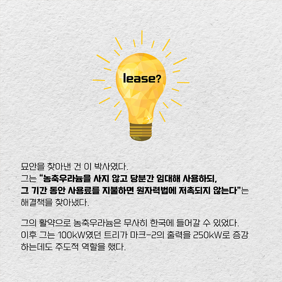 묘안을 찾아낸 건 이 박사였다. 그는 “농축우라늄을 사지 않고 당분간 임대해 사용하되, 그 기간 동안 사용료를 지불하면 원자력법에 저촉되지 않는다”는 해결책을 찾아냈다. 그의 활약으로 농축우라늄은 무사히 한국에 들어갈 수 있었다. 이후 그는 100kW였던 트리가 마크-2의 출력을 250kW로 증강하는데도 주도적 역할을 했다.