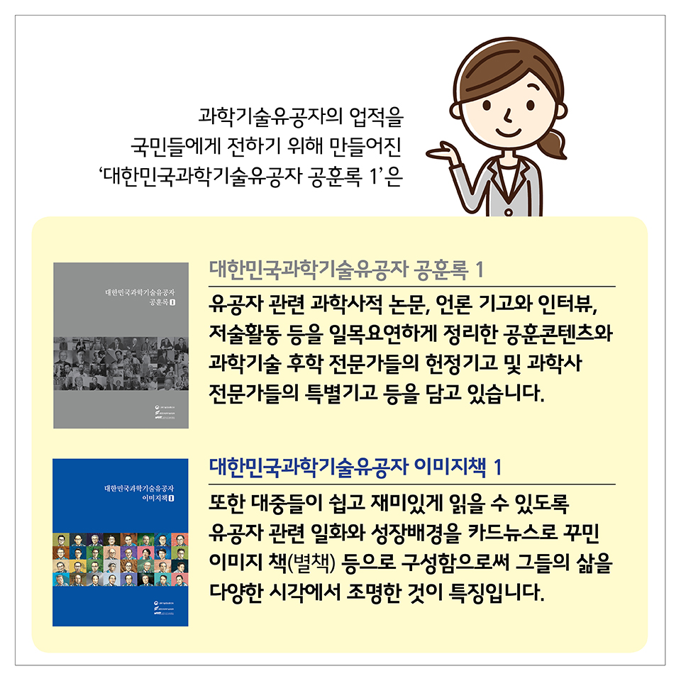 과학기술유공자의 업적을 국민들에게 전하기 위해 만들어진 -대한민국과학기술유공자 공훈록 1-은 유공자 관련 과학사적 논문, 언론 기고와 인터뷰, 저술활동 등을 일목요연하게 정리한 공훈콘텐츠와 과학기술 후학 전문가들의 헌정기고 및 과학사 전문가들의 특별기고 등을 담고 있습니다. 또한 대중들이 쉽고 재미있게 읽을 수 있도록 유공자 관련 일화와 성장배경을 카드뉴스로 꾸민 이미지 책(별책) 등으로 구성함으로써 그들의 삶을 다양한 시각에서 조명한 것이 특징입니다.