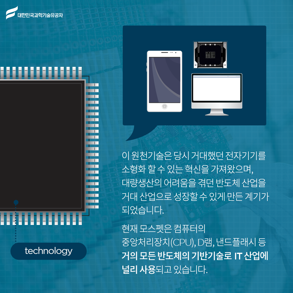 이 원천기술은 당시 거대했던 전자기기를 소형화 할 수 있는 혁신을 가져왔으며, 대량생산의 어려움을 겪던 반도체 산업을 거대 산업으로 성장할 수 있게 만든 계기가 되었습니다.
현재 모스펫은 컴퓨터의 중앙처리장치(CPU), D램, 낸드플래시 등 거의 모든 반도체의 기반기술로 IT 산업에 널리 사용되고 있습니다.