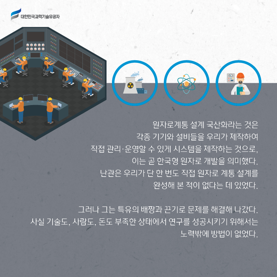 원자로계통 설계 국산화라는 것은 각종 기기와 설비들을 우리가 제작하여 
    직접 관리·운영할 수 있게 시스템을 제작하는 것으로, 이는 곧 한국형 원자로 개발을 의미했다.
    난관은 우리가 단 한 번도 직접 원자로 계통 설계를 완성해 본 적이 없다는 데 있었다.     
    그러나 그는 특유의 배짱과 끈기로 문제를 해결해 나갔다. 사실 기술도, 사람도, 돈도 부족한 상태에서 연구를 성공시키기 위해서는 노력밖에 방법이 없었다.    