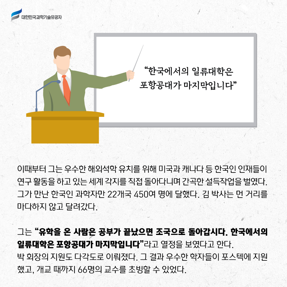 이때부터 그는 우수한 해외석학 유치를 위해 미국과 캐나다 등 한국인 인재들이 
    연구 활동을 하고 있는 세계 각지를 직접 돌아다니며 간곡한 설득작업을 벌였다. 
    그가 만난 한국인 과학자만 22개국 450여 명에 달했다. 김 박사는 먼 거리를 마다하지 않고 달려갔다. 그는 “유학을 온 사람은 공부가 끝났으면 조국으로 돌아갑시다. 
    한국에서의 일류대학은 포항공대가 마지막입니다”라고 열정을 보였다고 한다. 
    박 회장의 지원도 다각도로 이뤄졌다. 그 결과 우수한 학자들이 포스텍에 지원했고, 개교 때까지 66명의 교수를 초빙할 수 있었다. 