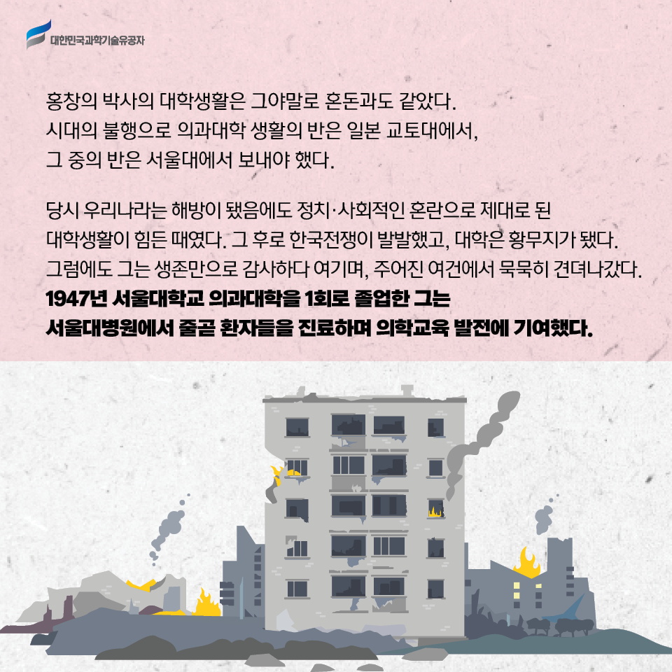 홍창의 박사의 대학생활은 그야말로 혼돈과도 같았다. 
    시대의 불행으로 의과대학 생활의 반은 일본 교토대에서, 그 중의 반은 서울대에서 보내야 했다.
    당시 우리나라는 해방이 됐음에도 정치·사회적인 혼란으로 제대로 된 대학생활이 힘든 때였다. 
    그 후로 한국전쟁이 발발했고, 대학은 황무지가 됐다. 
    그럼에도 그는 생존만으로 감사하다 여기며, 주어진 여건에서 묵묵히 견뎌나갔다.     
    1947년 서울대학교 의과대학을 1회로 졸업한 그는 서울대병원에서 줄곧 환자들을 진료하며 의학교육 발전에 기여했다. 