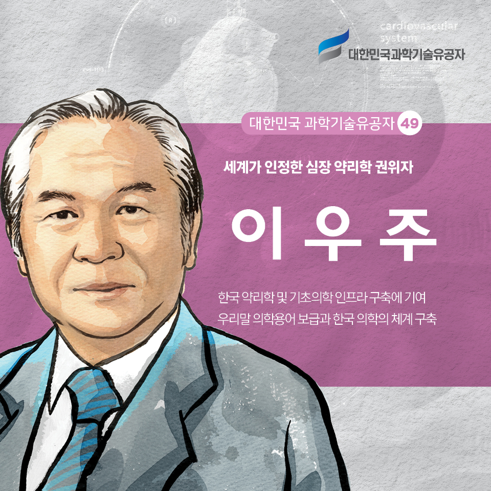 대한민국 과학기술유공자 49 세계가 인정한 심장 약리학 권위자 이우주
    - 한국 약리학 및 기초의학 인프라 구축에 기여
     우리말 의학용어 보급과 한국 의학의 체계 구축
     
      