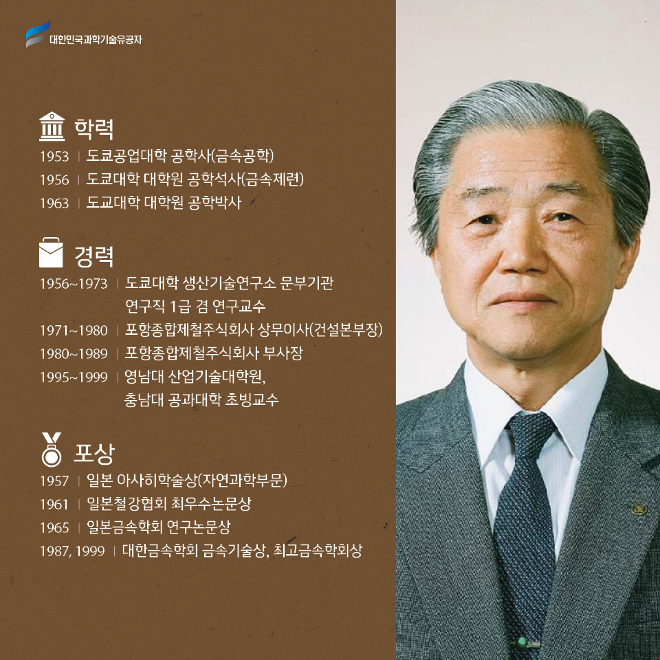 
학력 1953 | 도쿄공업대학 공학사(금속공학) 1956 | 도쿄대학 대학원 공학석사(금속제련) 1963 | 도교대학 대학원 공학박사 경력 1956~1973 | 도쿄대학 생산기술연구소 문부기관 연구직 1급 겸 연구교수 1971~1980 | 포항종합제철주식회사 상무이사(건설본부장) 1980~1989 | 포항종합제철주식회사 부사장 1995~1999 | 영남대 산업기술대학원, 충남대 공과대학 초빙교수 포상 1957 | 일본 아사히학술상(자연과학부문) 1961 | 일본철강협회 최우수논문상 1965 | 일본금속학회 연구논문상 1987, 1999 | 대한금속학회 금속기술상, 최고금속학회상