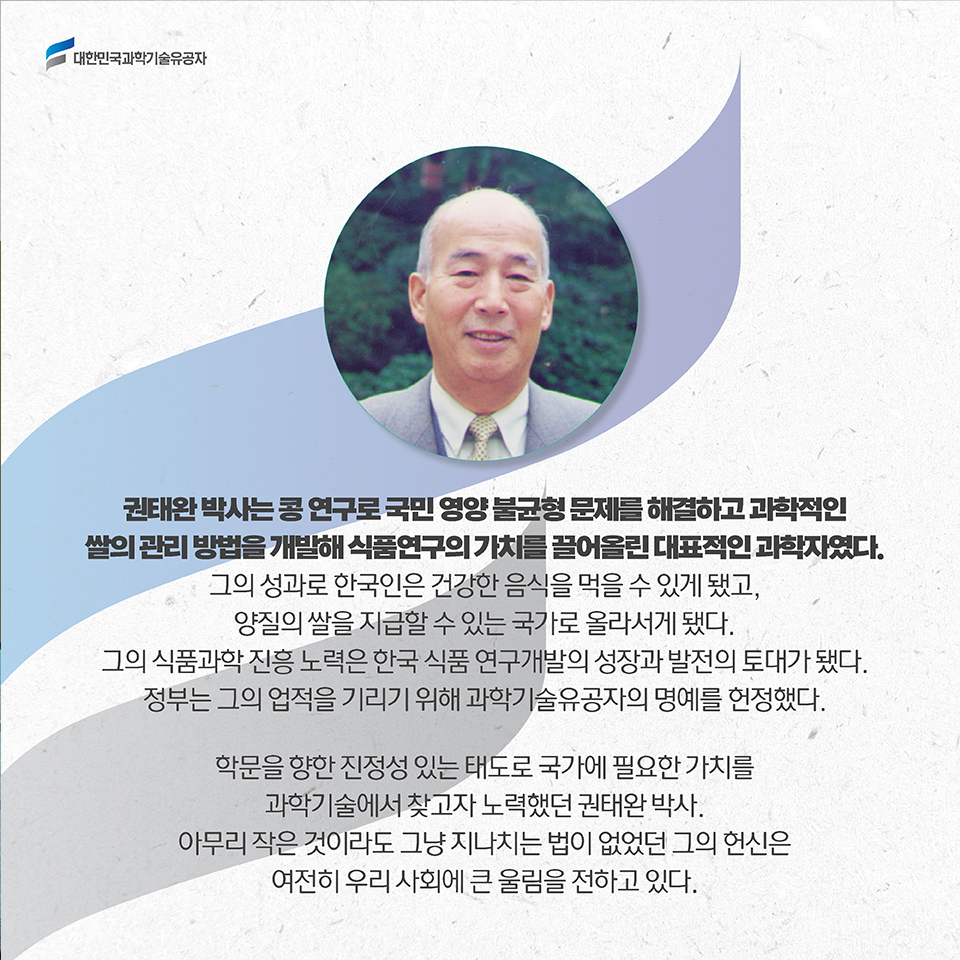 권태완 박사는 콩 연구로 국민 영양 불균형 문제를 해결하고 과학적인 쌀의 관리 방법을 개발해 식품연구의 가치를 끌어올린 대표적인 과학자였다. 그의 성과로 한국인은 건강한 음식을 먹을 수 있게 됐고, 양질의 쌀을 지급할 수 있는 국가로 올라서게 됐다. 그의 식품과학 진흥 노력은 한국 식품 연구개발의 성장과 발전의 토대가 됐다. 정부는 그의 업적을 기리기 위해 과학기술유공자의 명예를 헌정했다. / 학문을 향한 진정성 있는 태도로 국가에 필요한 가치를 과학기술에서 찾고자 노력했던 권태완 박사. 아무리 작은 것이라도 그냥 지나치는 법이 없었던 그의 헌신은 여전히 우리 사회에 큰 울림을 전하고 있다. 