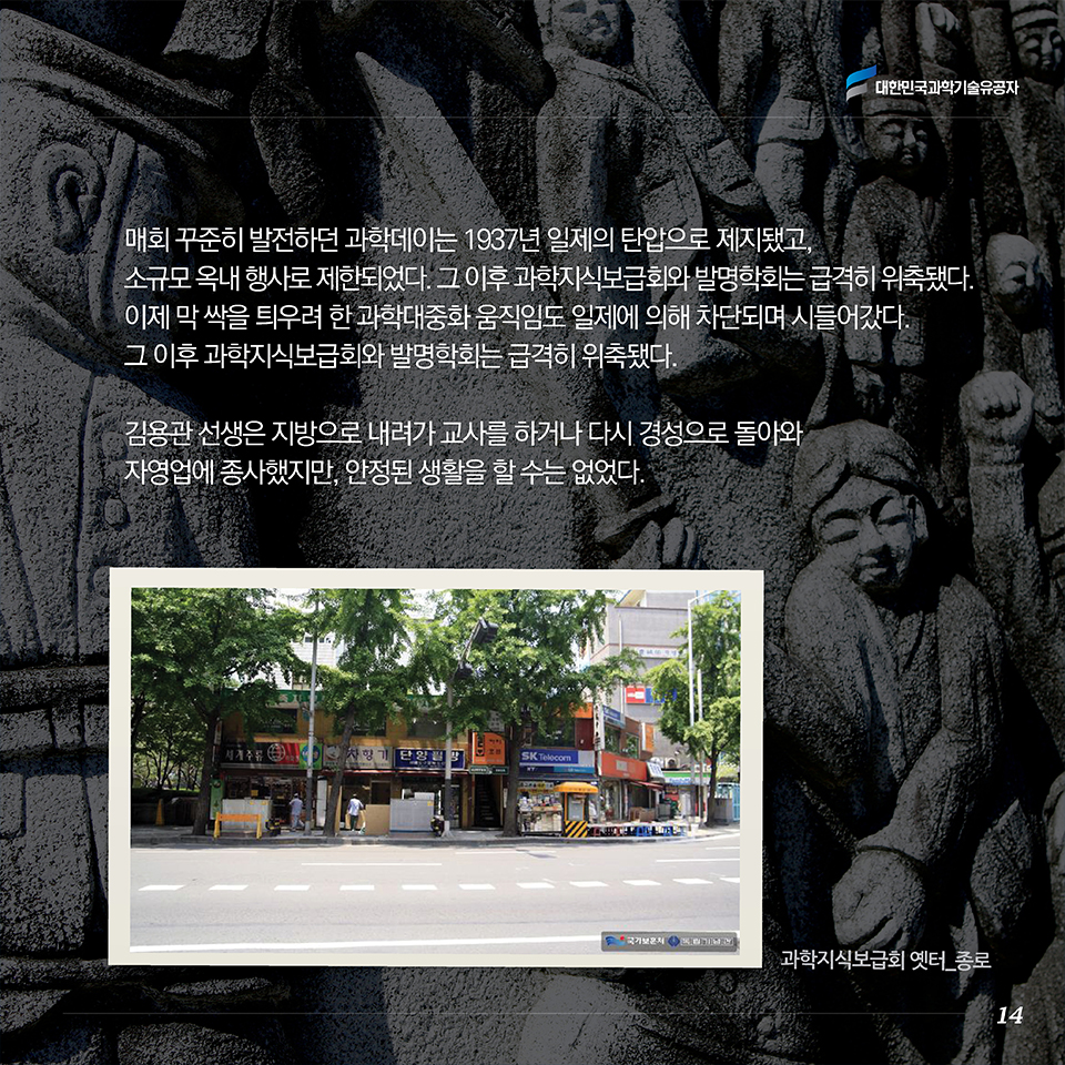 매회 꾸준히 발전하던 과학데이는 1937년 일제의 탄압으로 제지됐고 , 소규모 옥내 행사로 제한되었다. 그 이후 과학지식보급회와 발명학회는 급격히 위축됐다 . 이제 막 싹을 틔우려 한 과학대중화 움직임도 일제에 의해 차단되며 시들어갔다 . 그 이후 과학지식보급회와 발명학회는 급격히 위축됐다.
김용관 선생은 지방으로 내려가 교사를 하거나 다시 경성으로 돌아와 자영업에 종사했지만, 안정된 생활을 할 수는 없었다.