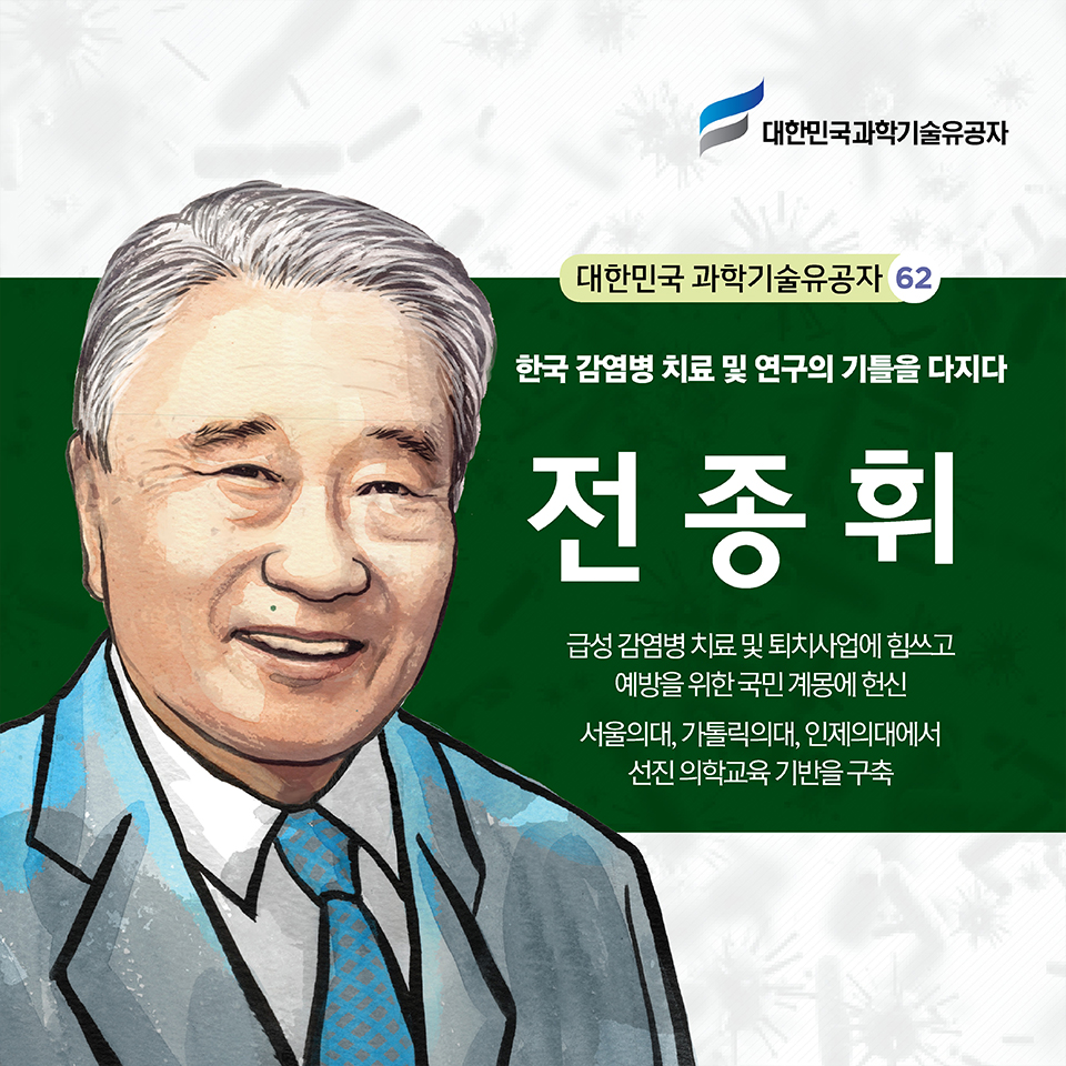 한국 감염병 치료 및 연구의 기틀을 다지다 전종휘
급성 감염병 치료 및 퇴치사업에 힘쓰고 예방을 위한 국민 계몽에 헌신
서울의대, 가톨릭의대, 인제의대에서 선진 의학교육 기반을 구축