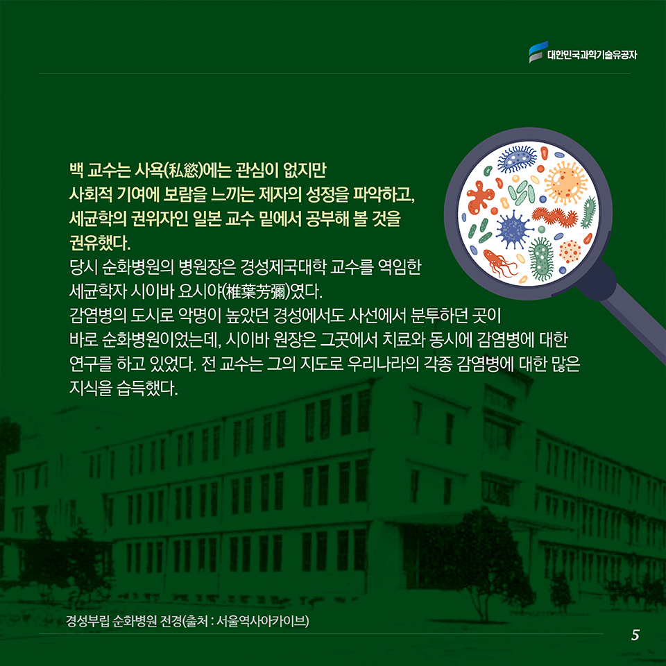 백 교수는 사욕(私慾)에는 관심이 없지만 사회적 기여에 보람을 느끼는 제자의 성정을 파악하고,세균학의 권위자인 일본 교수 밑에서 공부해 볼 것을 권유했다. 당시 순화병원의 병원장은 경성제국대학 교수를 역임한 세균학자 시이바 요시야(椎葉芳彌) 였다. 감염병의 도시로 악명이 높았던 경성에서도 사선에서 분투하던 곳이 바로 순화병원이었는데, 시이바 원장은 그곳에서 치료와 동시에 감염병에 대한 연구를 하고 있었다. 전 교수는 그의 지도로 우리나라의 각종 감염병에 대한 많은 지식을 습득했다. 