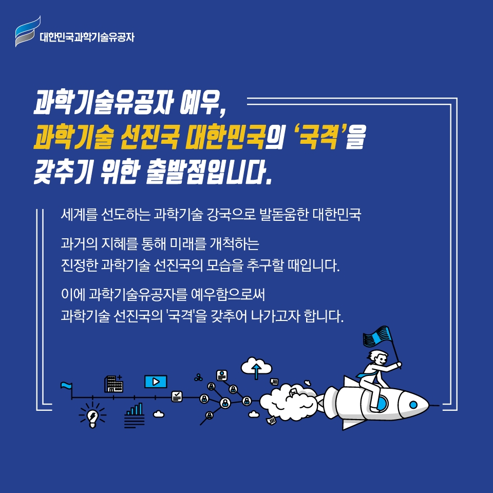 과학기술유공자 예우,
과학기술 선진국 대한민국의 ‘국격’을 갖추기 
위한 출발점입니다. 
세계를 선도하는 과학기술 강국으로 발돋움한 대한민국
과거의 지혜를 통해 미래를 개척하는
진정한 과학기술 선진국의 모습을 추구할 때입니다.
이에 과학기술유공자를 예우함으로써
과학기술 선진국의 ‘국격’을 갖추어 나가고자 합니다.