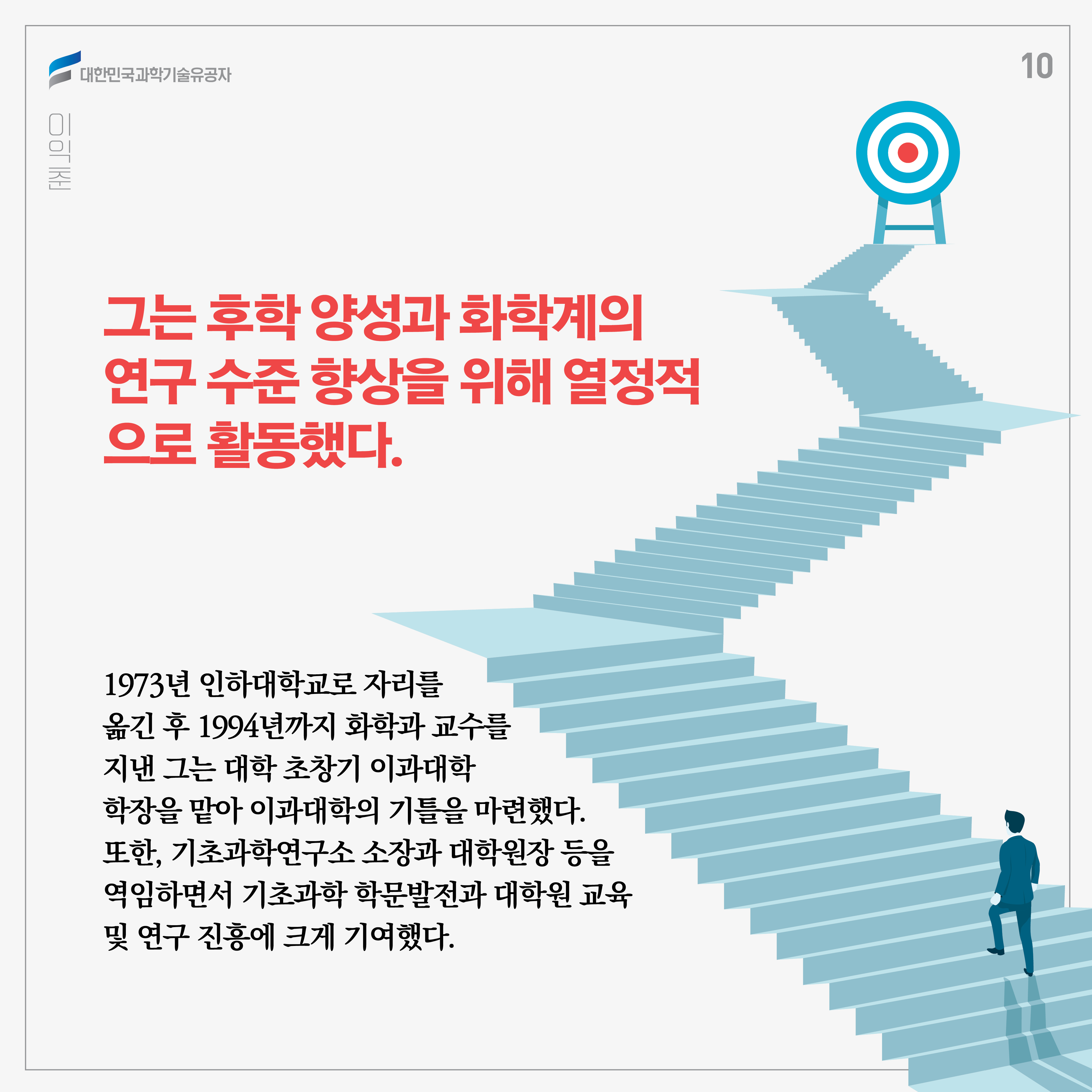 그는 후학 양성과 화학계의 연구 수준 향상을 위해 열정적으로 활동했다. 1973년 인하대학교로 자리를 옮긴 후 1994년까지 화학과 교수를 지낸 그는 대학 초창기 이과대학 학장을 맡아 이과대학의 기틀을 마련했다. 또한, 기초과학연구소 소장과 대학원장 등을 역임하면서 기초과학 학문발전과 대학원 교육 및 연구 진흥에 크게 기여했다. 