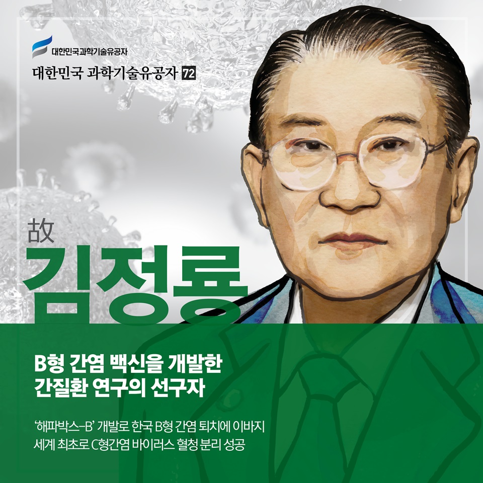 B형 간염 백신을 개발한 간질환 연구의 선구자
故김정룡
‘해파박스-B’ 개발로 한국 B형 간염 퇴치에 이바지
세계 최초로 C형간염 바이러스 혈청 분리 성공