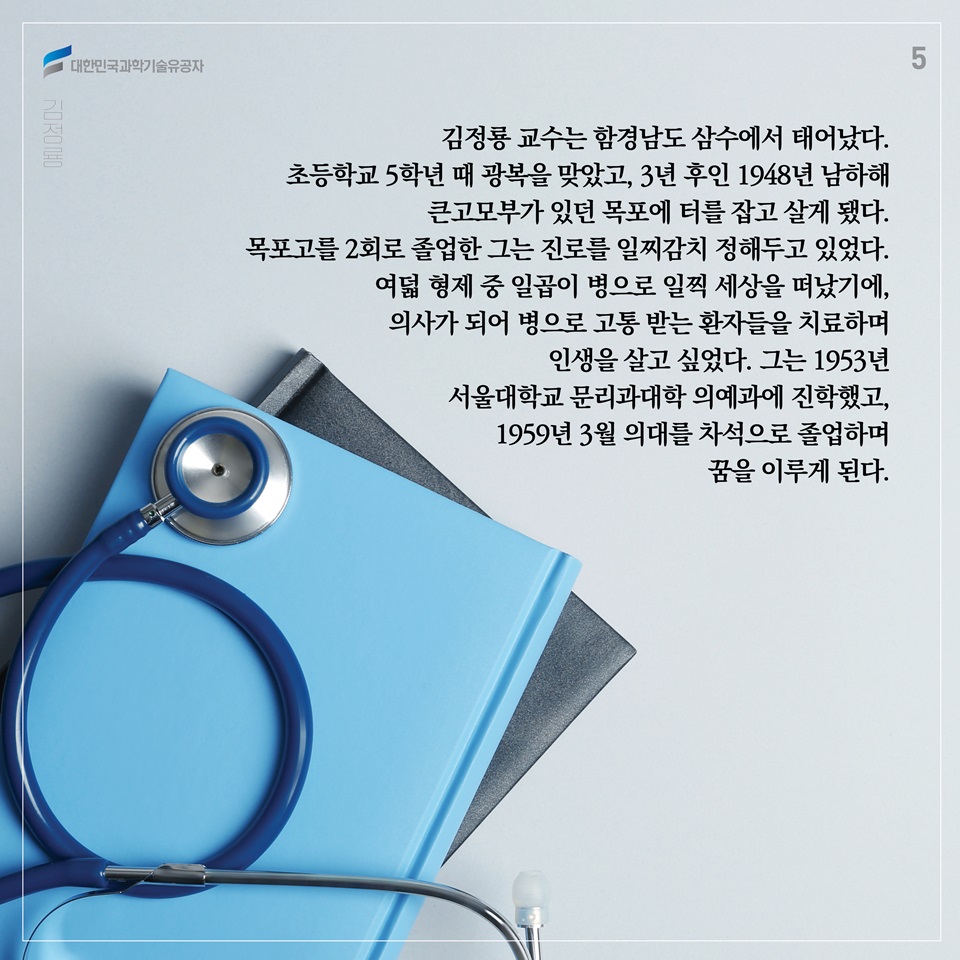 김정룡 교수는 함경남도 삼수에서 태어났다. 초등학교 5학년 때 광복을 맞았고, 3년 후인 1948년 남하해 큰고모부가 있던 목포에 터를 잡고 살게 됐다. 목포고를 2회로 졸업한 그는 진로를 일찌감치 정해두고 있었다. 여덟 형제 중 일곱이 병으로 일찍 세상을 떠났기에, 의사가 되어 병으로 고통 받는 환자들을 치료하며 인생을 살고 싶었다. 그는 1953년 서울대학교 문리과대학 의예과에 진학했고, 1959년 3월 의대를 차석으로 졸업하며 꿈을 이루게 된다.