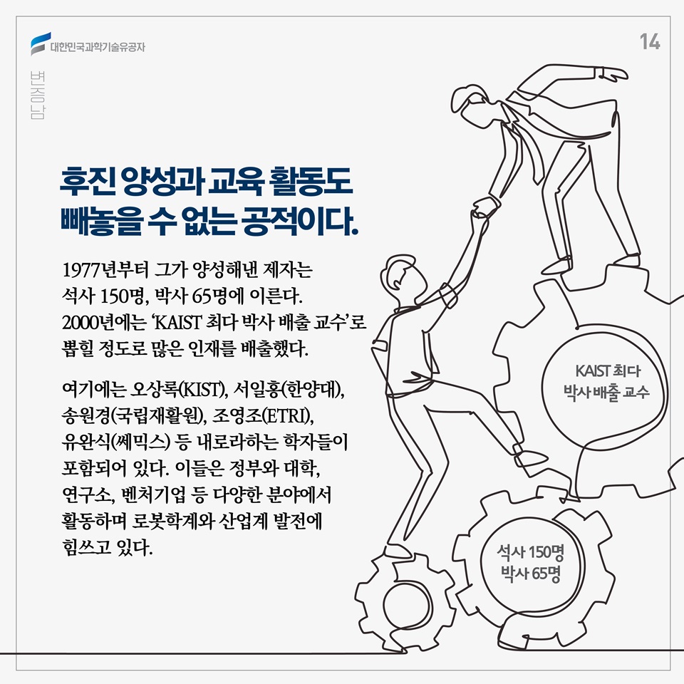 후진 양성과 교육 활동도 빼놓을 수 없는 공적이다. 1977년부터 그가 양성해낸 제자는 석사 150명, 박사 65명에 이른다. 2000년에는 ‘KAIST 최다 박사 배출 교수’로 뽑힐 정도로 많은 인재를 배출했다. 여기에는 오상록(KIST), 서일홍(한양대), 송원경(국립재활원), 조영조(ETRI), 유완식(쎄믹스) 등 내로라하는 학자들이 포함되어 있다. 이들은 정부와 대학, 연구소, 벤처기업 등 다양한 분야에서 활동하며 로봇학계와 산업계 발전에 힘쓰고 있다. 