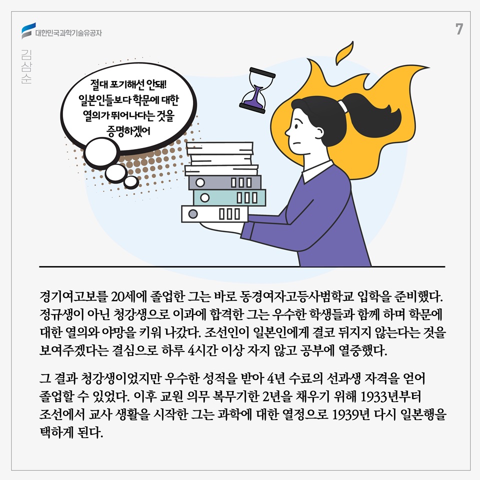 경기여고보를 20세에 졸업한 그는 바로 동경여자고등사범학교 입학을 준비했다. 정규생이 아닌 청강생으로 이과에 합격한 그는 우수한 학생들과 함께 하며 학문에 대한 열의와 야망을 키워 나갔다. 조선인이 일본인에게 결코 뒤지지 않는다는 것을 보여주겠다는 결심으로 하루 4시간 이상 자지 않고 공부에 열중했다. 그 결과 청강생이었지만 우수한 성적을 받아 4년 수료의 선과생 자격을 얻어 졸업할 수 있었다. 이후 교원 의무 복무기한 2년을 채우기 위해 1933년부터 조선에서 교사 생활을 시작한 그는 과학에 대한 열정으로 1939년 다시 일본행을 택하게 된다. 