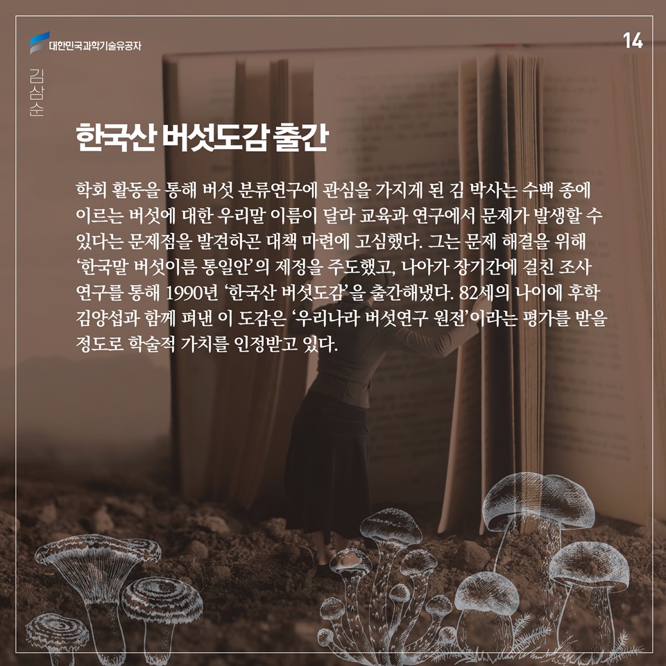 학회 활동을 통해 버섯 분류연구에 관심을 가지게 된 김 교수는 수백 종에 이르는 버섯에 대한 우리말 이름이 달라 교육과 연구에서 문제가 발생할 수 있다는 문제점을 발견하곤 대책 마련에 고심했다. 그는 문제 해결을 위해 ‘한국말 버섯이름 통일안’의 제정을 주도했고, 나아가 장기간에 걸친 조사 연구를 통해 1990년 ‘한국산 버섯도감’을 출간해냈다. 82세의 나이에 후학 김양섭과 함께 펴낸 이 도감은 ‘우리나라 버섯연구 원전’이라는 평가를 받을 정도로 학술적 가치를 인정받고 있다. 