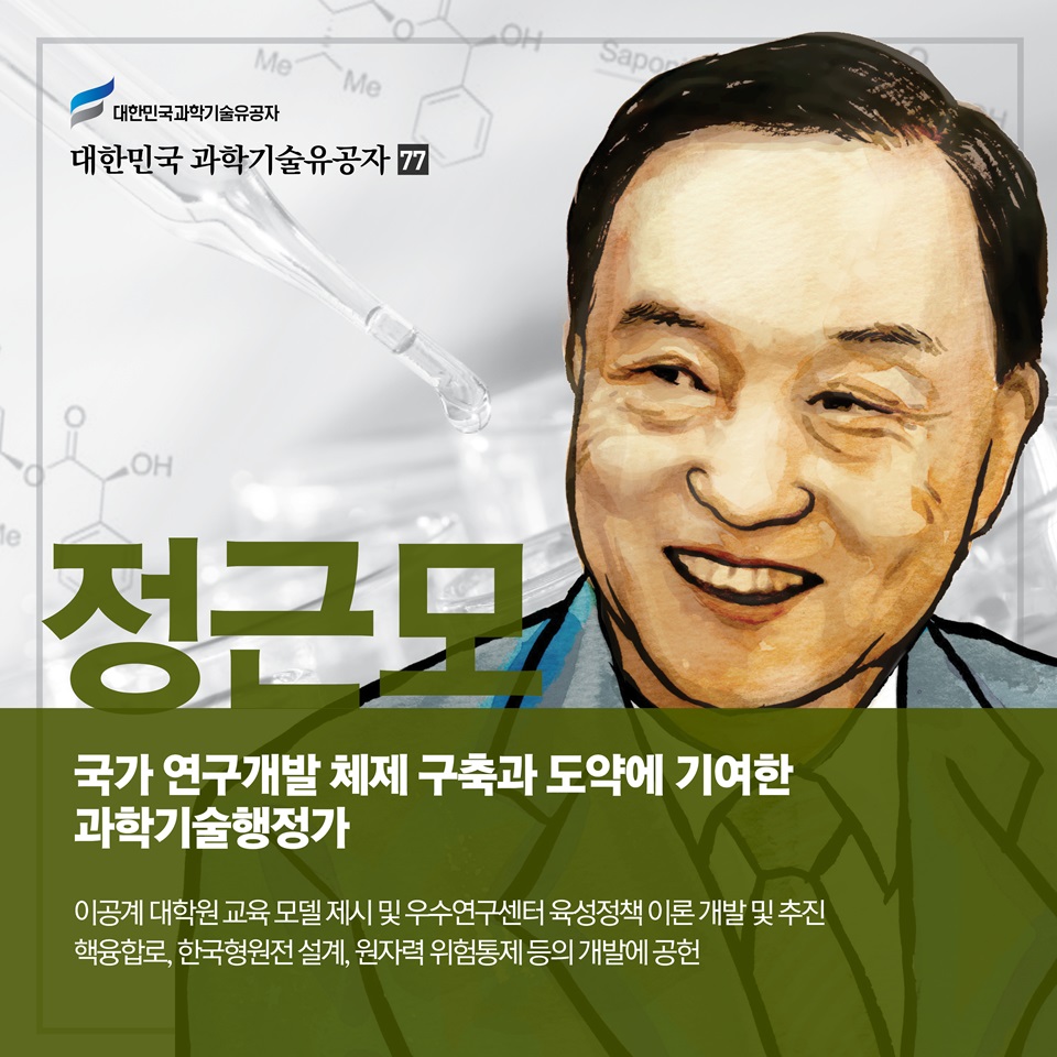 국가 연구개발 체제 구축과 도약에 기여한 과학기술행정가
정근모
이공계 대학원 교육 모델 제시 및 우수연구센터 육성정책 이론 개발 및 추진
핵융합로, 한국형원전 설계, 원자력 위험통제 등의 개발에 공헌