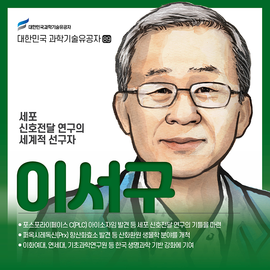 #1.(표지) 세포 신호전달 연구의 세계적 선구자 이서구 포스포라이페이스 C(PLC) 아이소자임 발견 등 세포 신호전달 연구의 기틀을 마련 퍼옥시레독신(Prx) 항산화효소 발견 등 산화환원 생물학 분야를 개척 이화여대, 연세대, 기초과학연구원 등 한국 생명과학 기반 강화에 기여